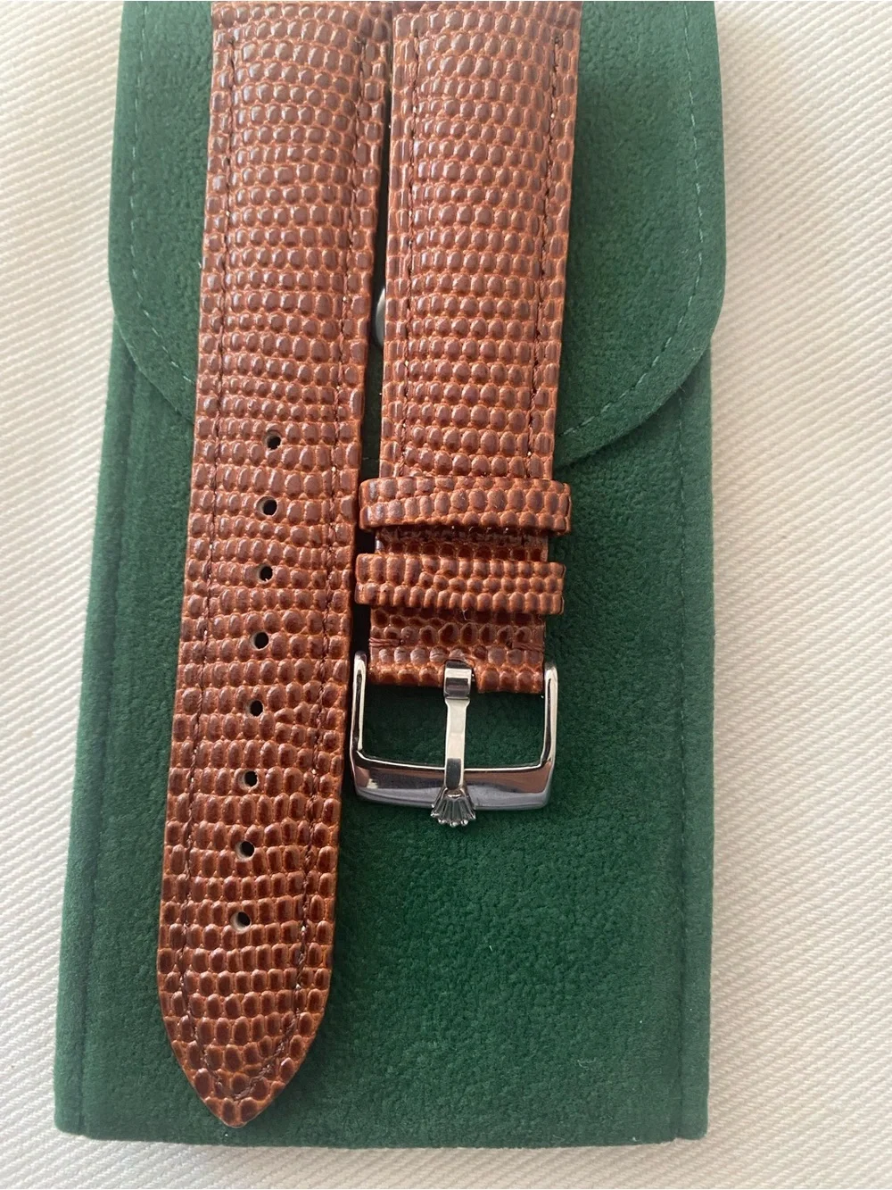 Vintage Brown Lizard-Pattern Leather Watch Strap with Silver Plated Rolex Buckle